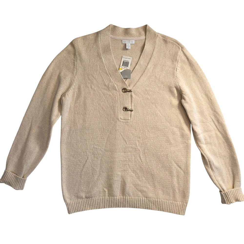 New Charter Club Womens‎ M Beige Metalic Thread Elegant Sweater Quiet Luxury - Picture 7 of 9